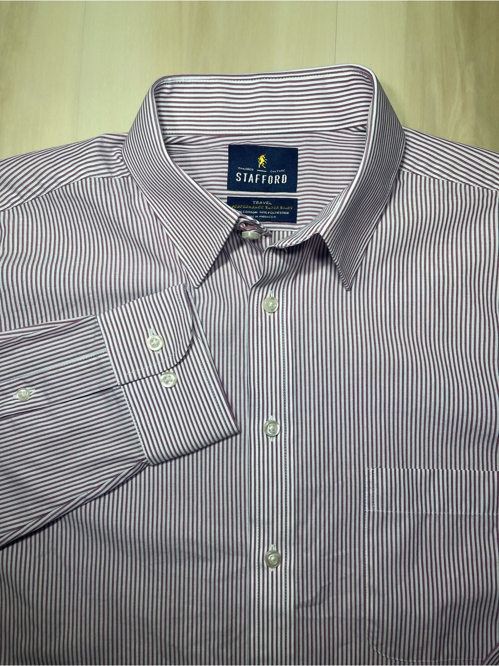 Stafford Dress Shirt Men’s Sz 15.5 32-33 Red Stripe Travel Fitted Easy Care L/S